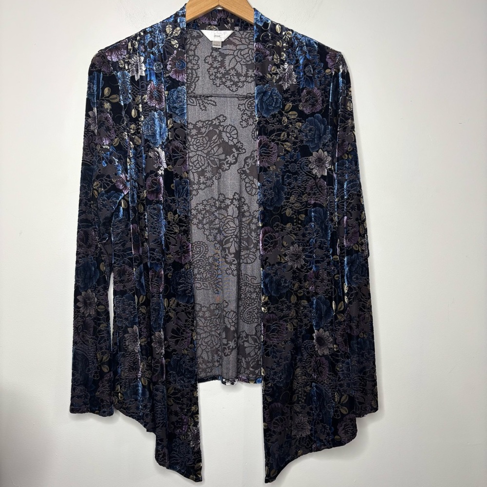 ZOA Velvet Burnout Iridescent Floral Open Cardigan M Lagenlook Boho Goth Fairy - Picture 2 of 16